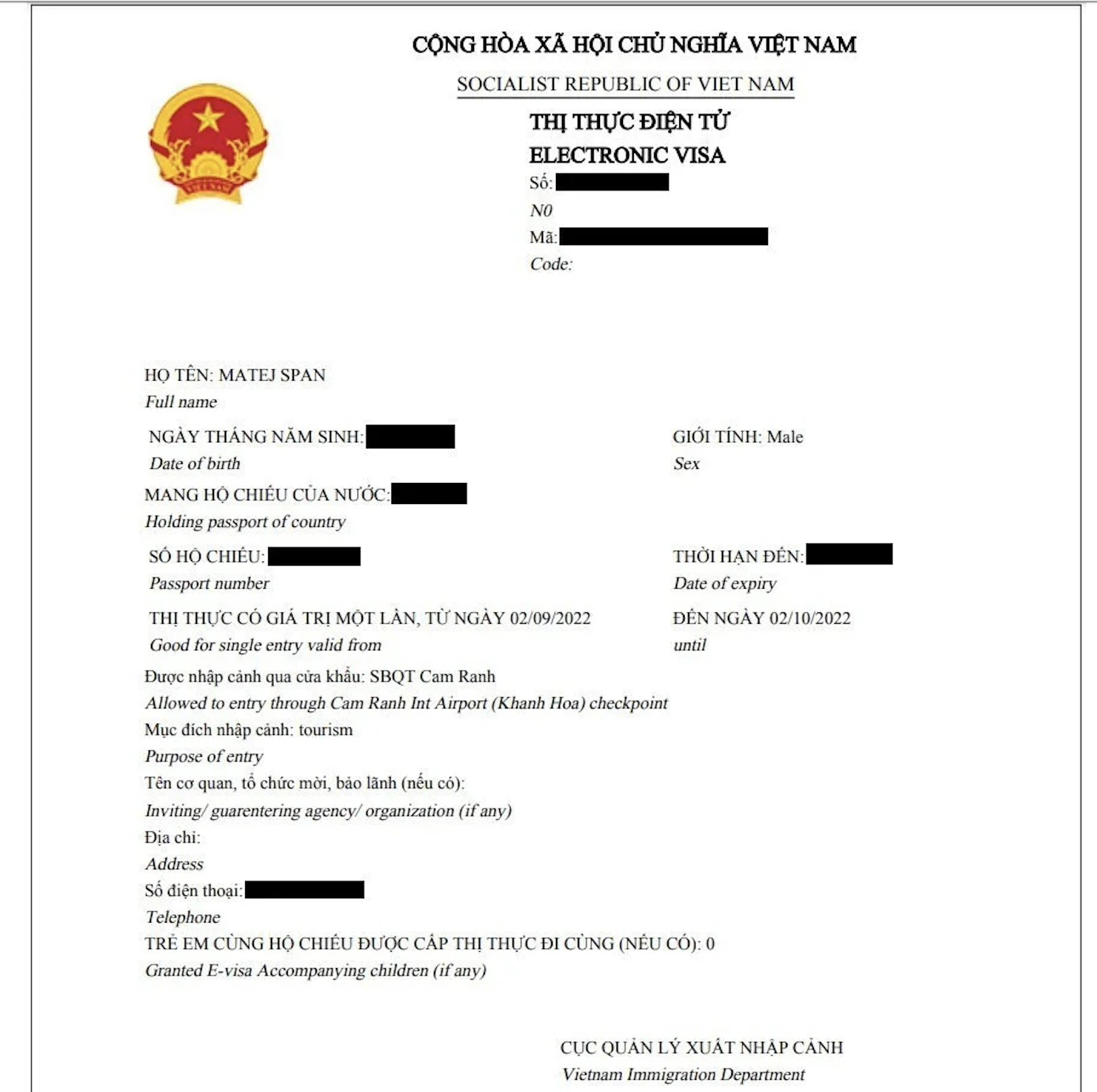 Sample Vietnam e-Visa Document